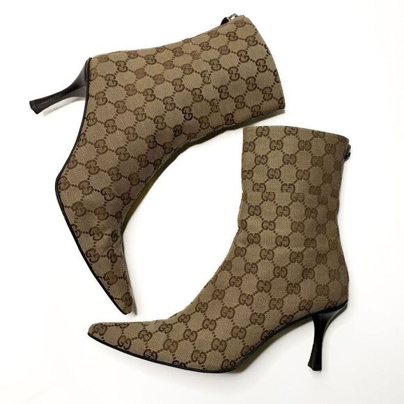 Gucci Monogram Double G Logo Canvas Calf Booties US 8 Brown Beige Supreme Heels - Picture 7 of 12
